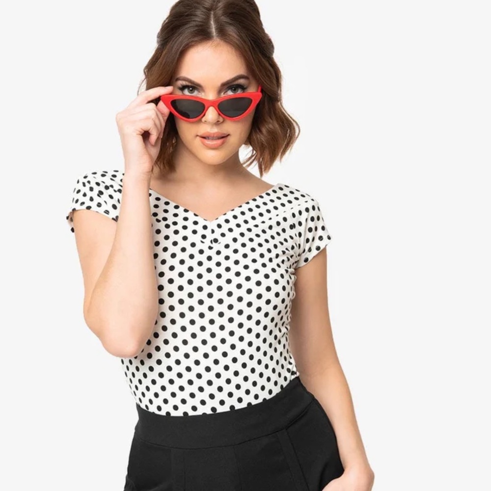 Unique Vintage White and Black Polka Dot Fitted Top with Cap Sleeves